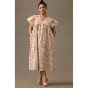 Maeve Anthropologie Pink Printed Flutter-Sleeve Babydoll Cotton Midi Dress L